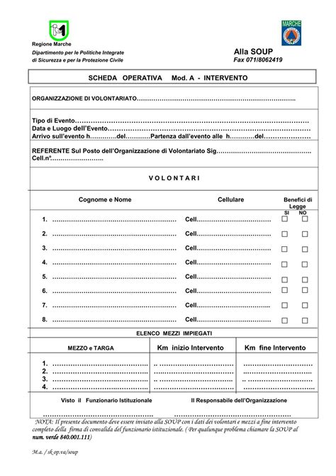 Modulo Intervento Protezione Civile Della Regione Marche