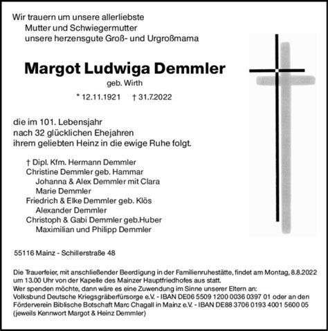 Traueranzeigen Von Margot Ludwiga Demmler Vrm Trauer De