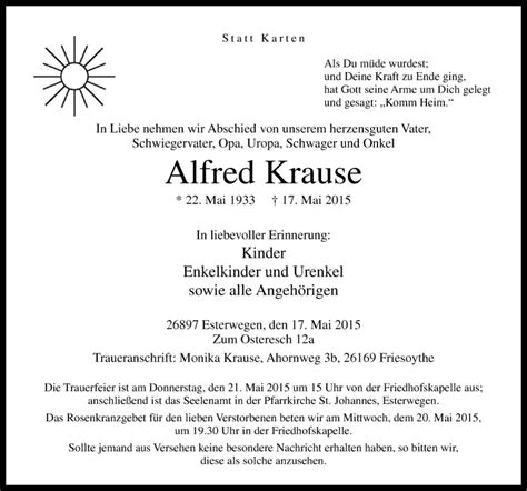 Traueranzeigen Von Alfred Krause Noz Trauerportal