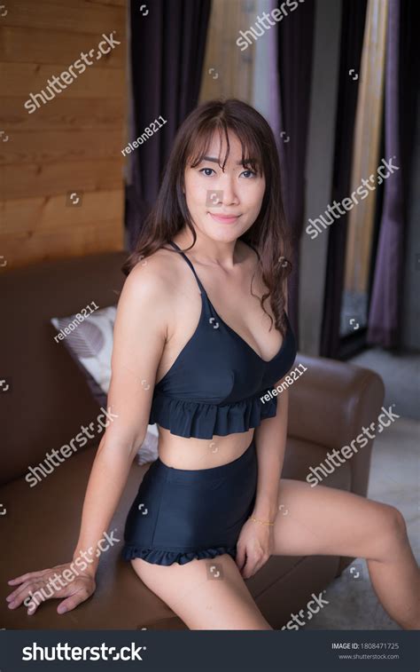 Asian Woman Sexy Black Bikini Sits Stock Photo 1808471725 Shutterstock