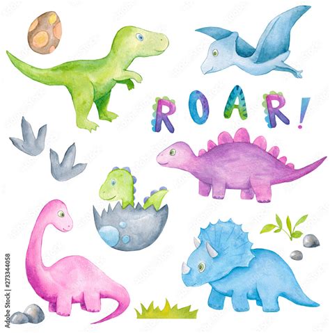 Cute watercolor dinosaur. Watercolor childish set Stock Illustration | Adobe Stock