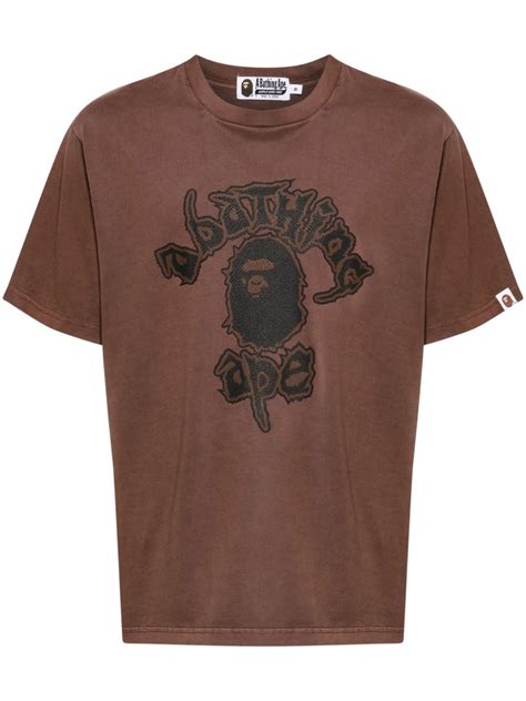 A Bathing Ape Logo Print Cotton T Shirt Brown Farfetch