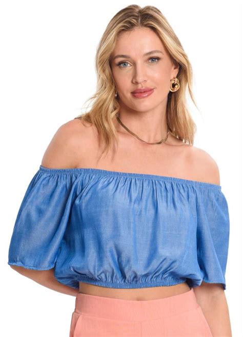 Rovitex Blusa Cropped Feminina Ciganinha Jeans Azul