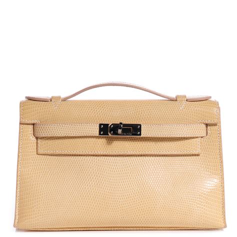 Hermes Lizard Kelly Pochette Clutch Beige