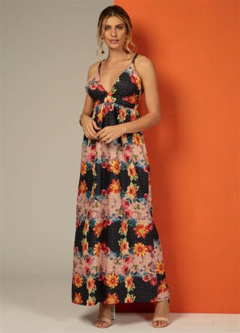 Vestido Longo Floral Laranja Alças Decoradas Quintess