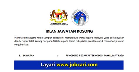 Jawatan Kosong Di Kementerian Sains Teknologi Dan Inovasi JOBCARI