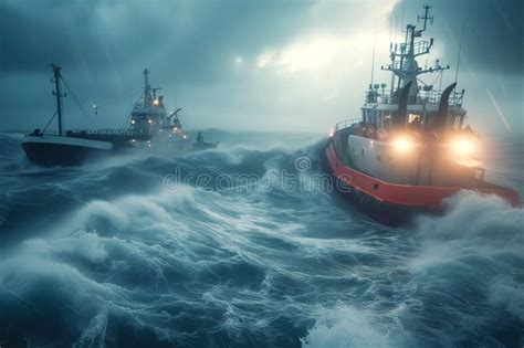 Coast Guard Boat Conducts Rescue Operation Of Sinking Ship Stock Photo