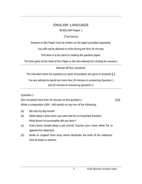 Icse Sample Question Papers For Class 10 English Language Mock Paper 1