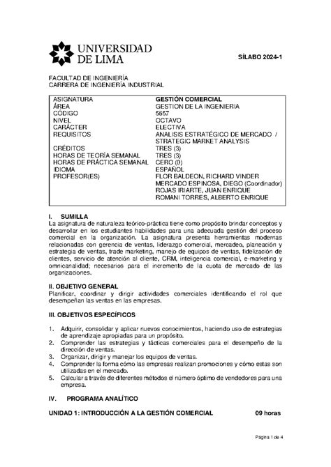 2024 1 SIL Gestion Comercial SÍLABO 2024 1 FACULTAD DE INGENIERÍA