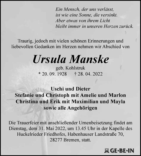 Traueranzeigen Von Ursula Manske Trauer Gedenken