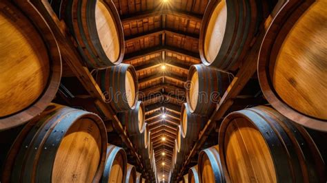 Old Aged Traditional Wooden Barrels With Wine In A Vault Lined Up In