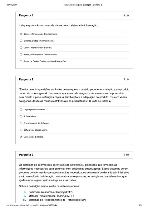 Univesp Atividade Para Avaliação Semana 3 Sistemas De Informação