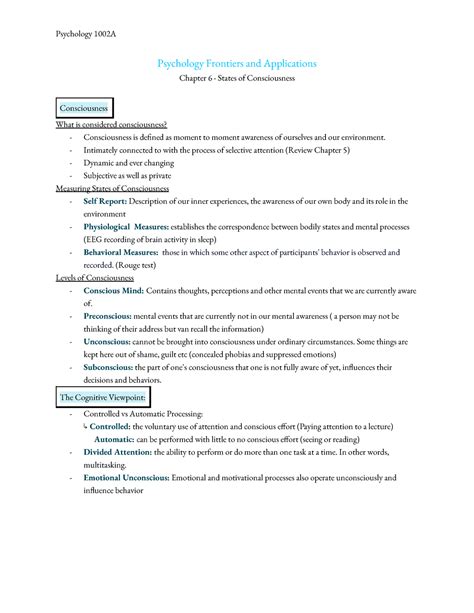 Psychology Chapter 6 Notes Consciousness Psychology 1002A