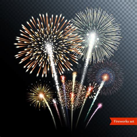 Set Of Bright Realistic Fireworks On A Transparent Background Vector