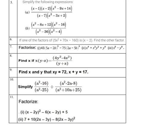 5 Simplify The Following Expressions A X−7 X2−3x 2 X−1 X−2 X2−9x