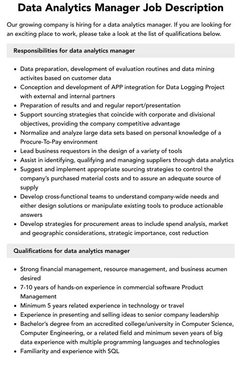 Data Analytics Manager Job Description Velvet Jobs