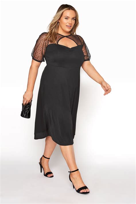 Yours London Plus Size Black Polka Dot Mesh Midi Skater Dress Yours