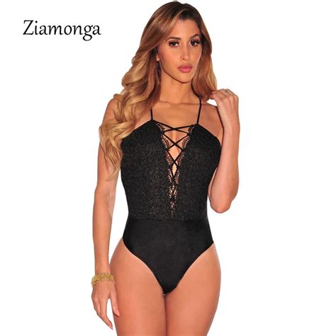 Ziamonga Sexy Lace Bodysuit Women Summer Lace Up Halter Black