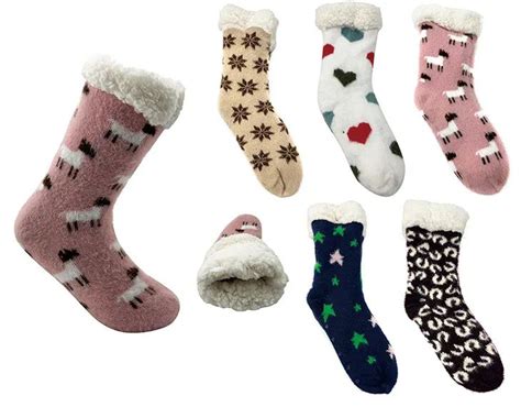 36 Bulk Assorted Slipper Sock Fuzzy Lined Interior At