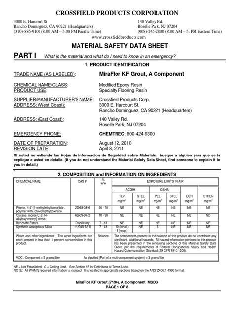 Sds Miraflorkfgrout Pdf Toxicity Personal Protective Equipment