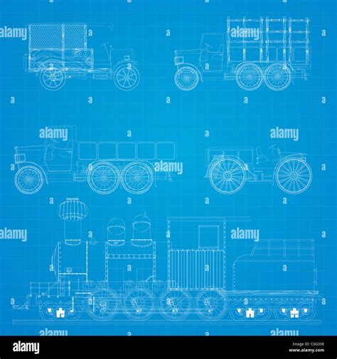 Old transportation vehicles and steam locomotive blueprint design Stock ...