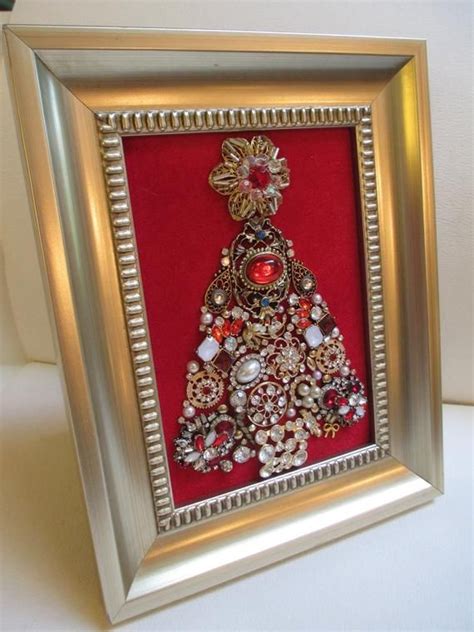 Jeweled Framed Jewelry Art Christmas Tree Red Gold Vintage Etsy