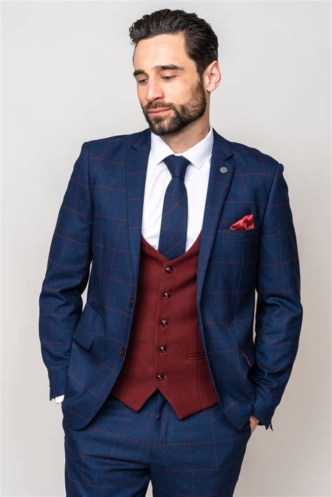 Edinson Navy Check Suit With Kelvin Wine Waistcoat Marc Darcy