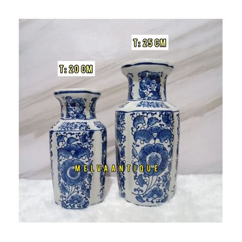 Jual Vas Keramik Biru Putih Antik Motif Bunga 1 Set Isi 2 Pcs Shopee