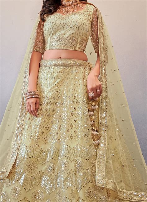 Shop Cream Net Embroidered Umbrella Lehenga Party Wear Online At Best