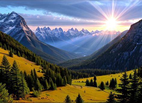 Premium AI Image | Sun rays mountain landscape