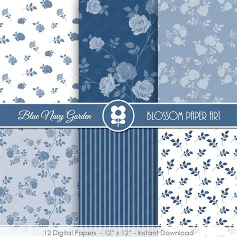 Blue Navy Digital Paper Blue Floral Digital Paper Pack Roses Etsy Uk