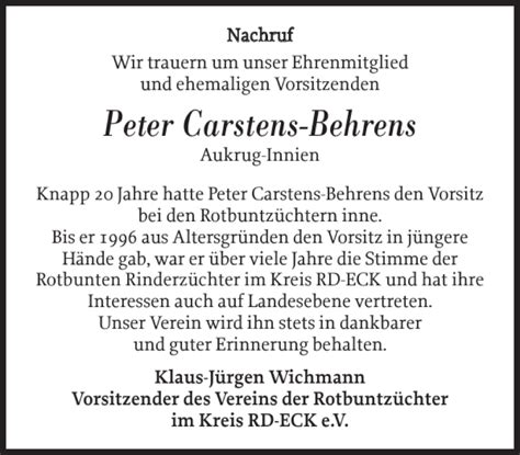 Traueranzeigen Von Peter Carstens Behrens Sh Z Trauer