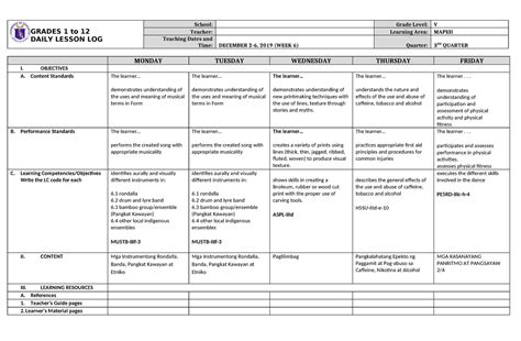 Dll Mapeh 5 Q3 W6 Dll Grades 1 To 12 Daily Lesson Log School Grade