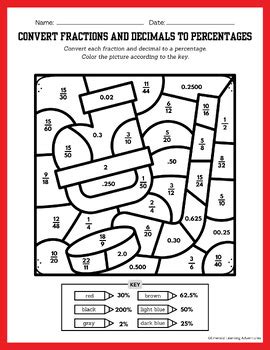 Sports Theme Hockey Color By Code Math Fraction Decimal Percent