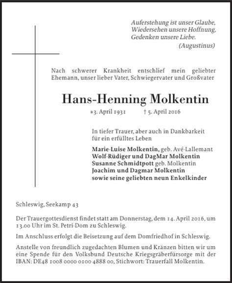 Traueranzeigen Von Hans Henning Molkentin Sh Z Trauer