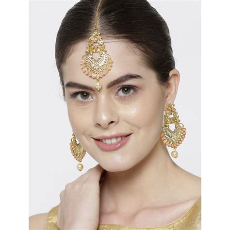 Priyaasi Peach Coloured Gold Plated Stone Studded Handcrafted Maang