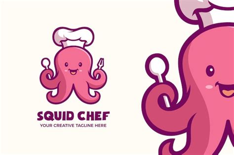 Modelo De Logotipo Do Personagem Cute Squid Chef Seafood Mascot Vetor