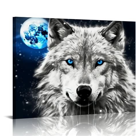 EastSmooth Wild Animal Wall Art Black and White Wolf with Blue Eyes ...