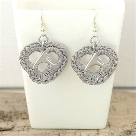 Grey Pop Tab Heart Earrings Pair Crochet Heart Upcycle Recycle Eco Gray Pop Tab Pull