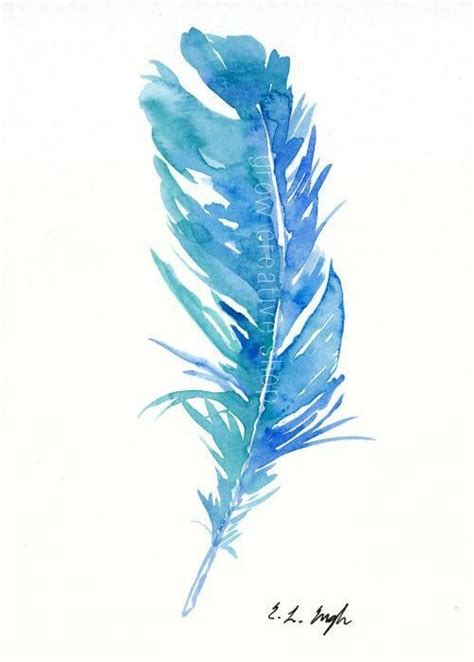 Blue Teal Bird Feather Original Watercolor Painting 5x7 Bird