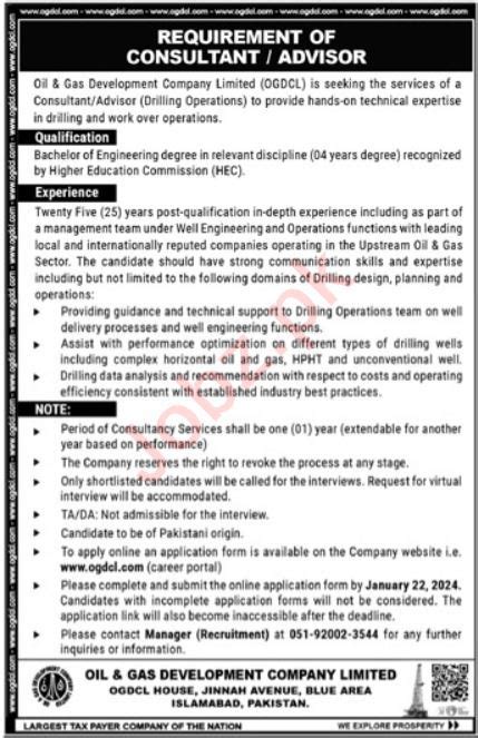 Consultancy Opportunity At OGDCL 2025 Job Advertisement Pakistan