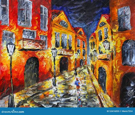 Lonely Rainy Night Street. Original Oil Painting on Canvas Stock ...