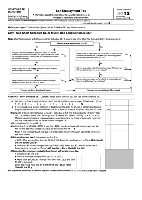 Fillable Schedule Se (Form 1040) - Self-Employment Tax - 2012 printable pdf download