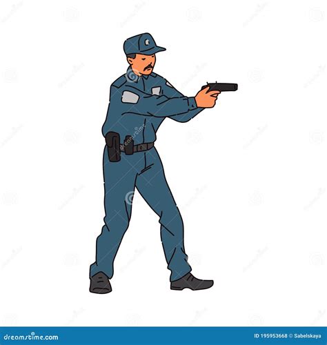 Policeman Character Shooting From Weapon Sketch Vector Illustration