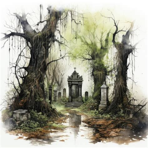 Premium Ai Image Hand Painted Watercolor Clipart Gothic Cemetery With