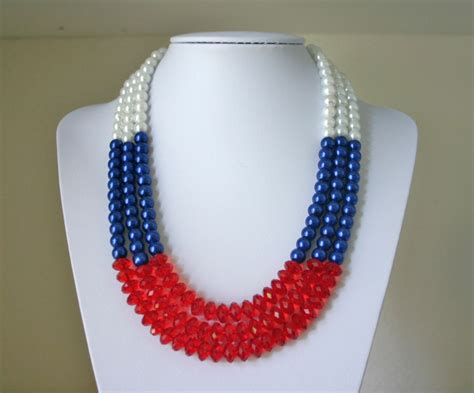 Sale Red White And Blue 3 Strand Beaded And Crystal Necklace Etsy In 2021 Crystal Necklace