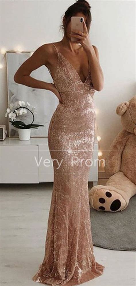 Sparkly Mermaid Deep V Neck Spaghetti Straps Long Prom Dresses Pd118