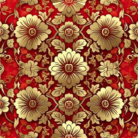 Premium Photo Red Background With Gold Flowers And Leaves