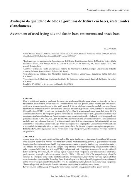 PDF Avaliação da qualidade de óleos e gorduras de fritura em bares