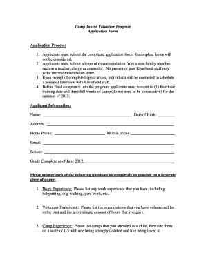 Fillable Online Riverbendeec Camp Junior Volunteer Program Application